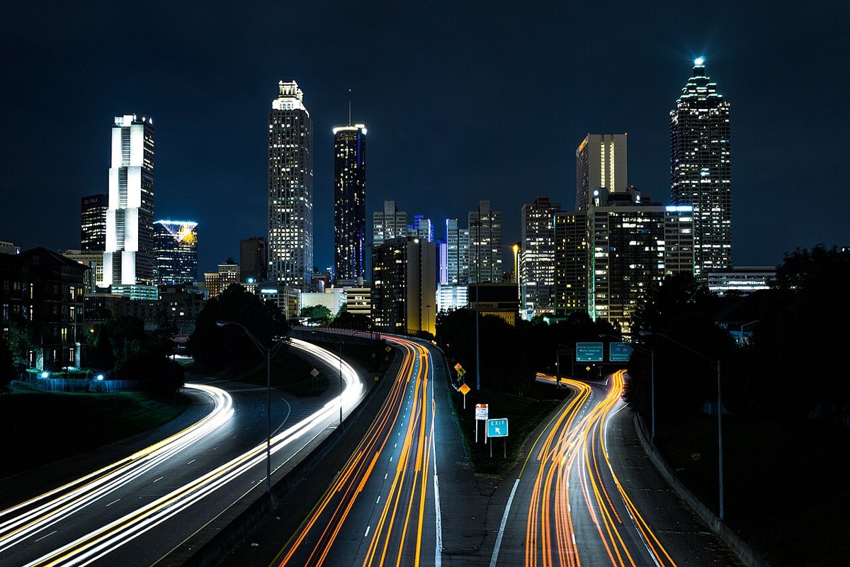 Atlanta skyline view from Jackson Street Bridge through the trees